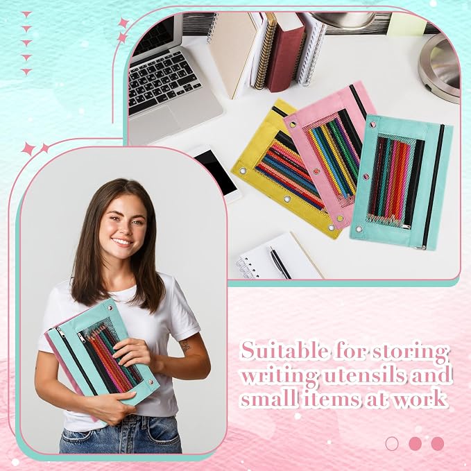 Zhehao 100 Pcs Zipper Binder Pencil Pouches:3 Ring Binder Pencil Pouches with Zipper Window Bulk Clear Pen Bags Case for Office School Classroom Supplies