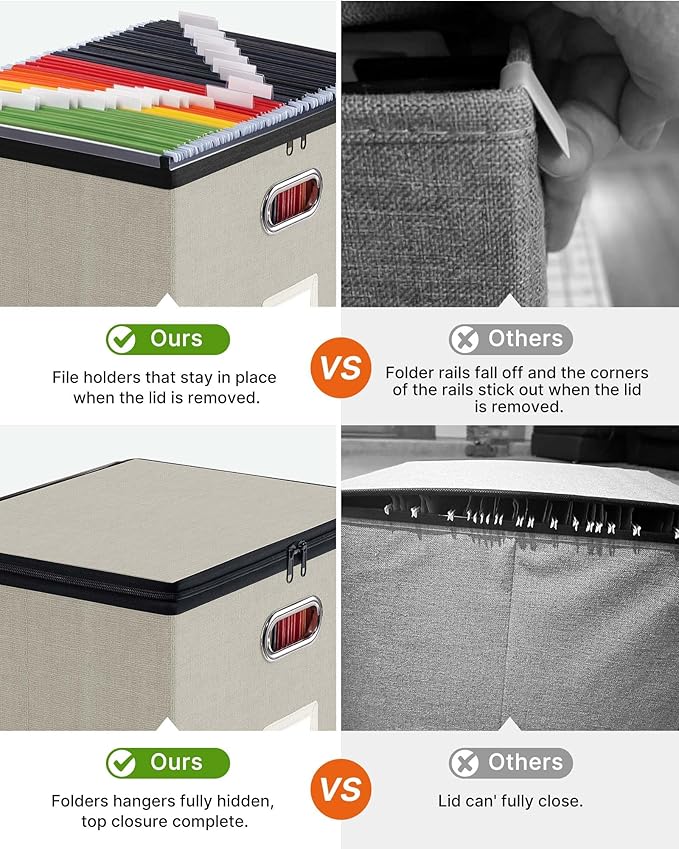 Oterri File Box Large 1-Pack Hanging Organizer for Letter/Legal-Size Folder | Dustproof Lid. 3 Mesh Pockets. Collapsible Scratch-Resistant GRS Linen. Slide Rails. Office, Home, Dorm
