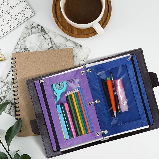 3-Ring Pen Pencil Pouch with Clear Window Stationery Bag Binder Case Classroom Organizers Blue