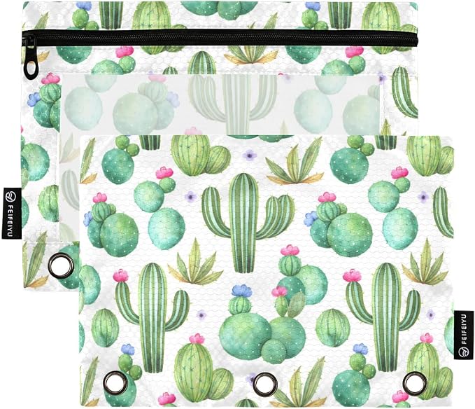 ALAZA Pencil Pouch for 3 Ring Binder, Watercolor Cactus Cacti Binder Pencil Pouches with Clear Window Zipper Pencil Case Cosmetic Bags for Office College Supplies, 2PCS