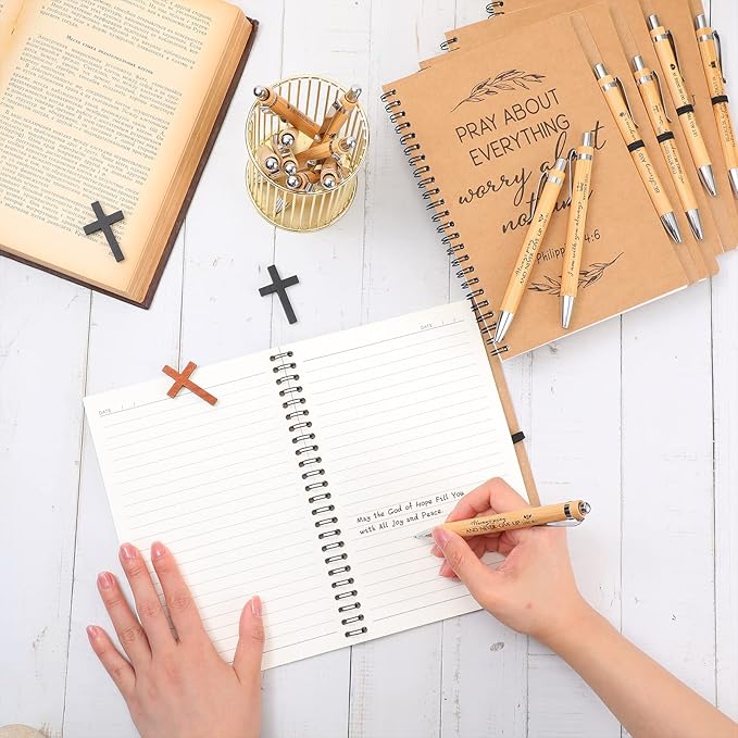 Kosiz 20 Pcs/ 10 Set Christian Gift Bulk A5 Spiral Notebook 5.5"x8.3" Christian Prayer Journal Bible Ballpoint Pen Religious Gift for Women Sunday School Church Member Back to School Gifts (Brown)