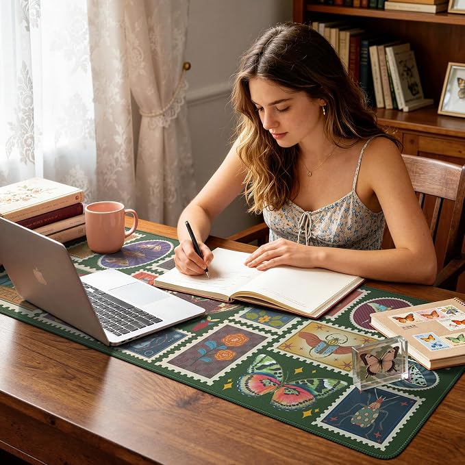 iCasso Vintage Desk Cover Mat, XXL Large Butterfly Mouse Pad,Desk Matt for Desktop Protector, Anti-Slip Mousepad with Stitched Edges for Laptop Computer Keyboard(Olive Green)