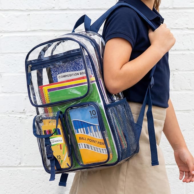 12 Pack 17" Bulk Clear Backpacks With 34 Pc School Supplies Kit, 6 Colors | Wholesale Transparent Bookbags for Kids, Reinforced Clear Vinyl Backpack Set for Charity Giveaways & Back to School Drives