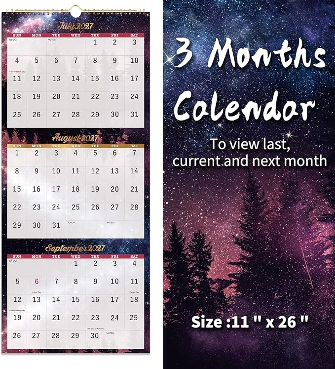 2027 Calendar - 3 Month Calendar 2027 Vertical Display (Folded in a Month) | Jan.2027 - Dec.2027, 11" x 26", 2027 Wall Calendar Large, 3 Month Wall Calendar 2027 Lay- Flat with To-do & Notes - Green