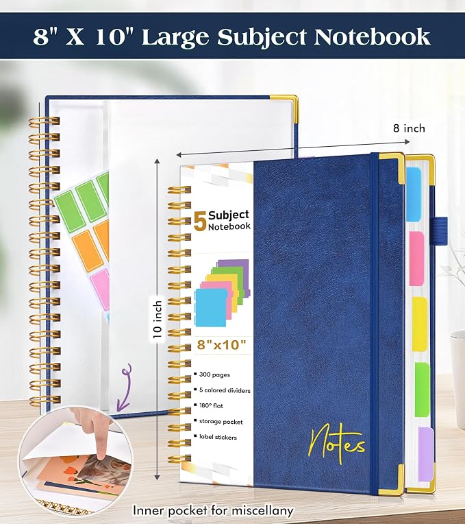 Spiral Notebook Journal with Removable Dividers Tabs, 300 Pages Hardcover Leather 5 Subject College Ruled Notebook, 8"x10" Large B5 Lined Journal for Women Men, Spiral Notebooks for Work School, Navy