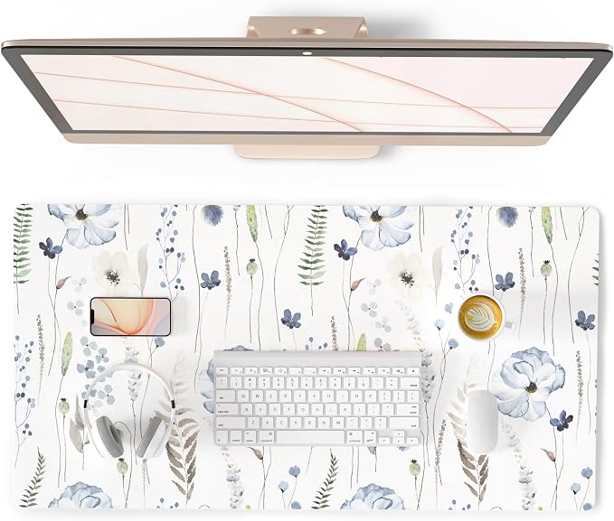 QiyI Large Mouse Pad for Desk, Floral Desk Mat for Desktop, Women Girls Office Décor Desk Accessories, PU Leather Waterproof Gaming Mousepad, Watercolor Flowers Desk Pad Computer Mat, 31.5" x 15.7"