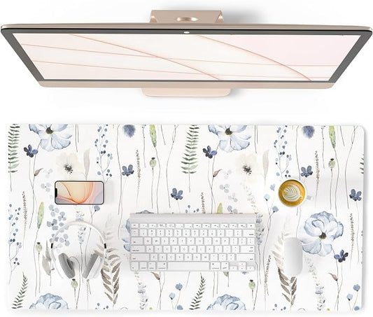 QiyI Large Mouse Pad for Desk, Floral Desk Mat for Desktop, Women Girls Office Décor Desk Accessories, PU Leather Waterproof Gaming Mousepad, Watercolor Flowers Desk Pad Computer Mat, 31.5" x 15.7"