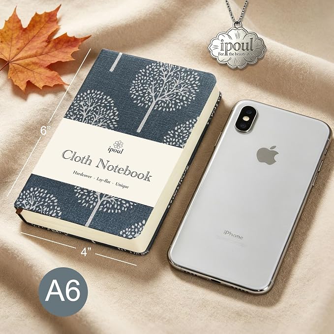 Pocket Journal, Linen Notebook, A6 Journal, 4x6, Hardcover, Lay Flat, Thick, Small, Lined Notebook & Unlined Sketchbook, The Tree of Life, Navy Blue