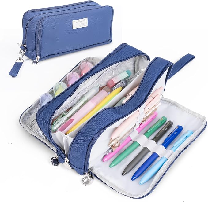 Four Candies Blue Pencil Case 3 Compartment Pouch, Large Pencil Case for School, Girls, Teen Boys, Women, Dark Blue, Removable Handle & Zipper, Cute Pencil Bag for Office, College