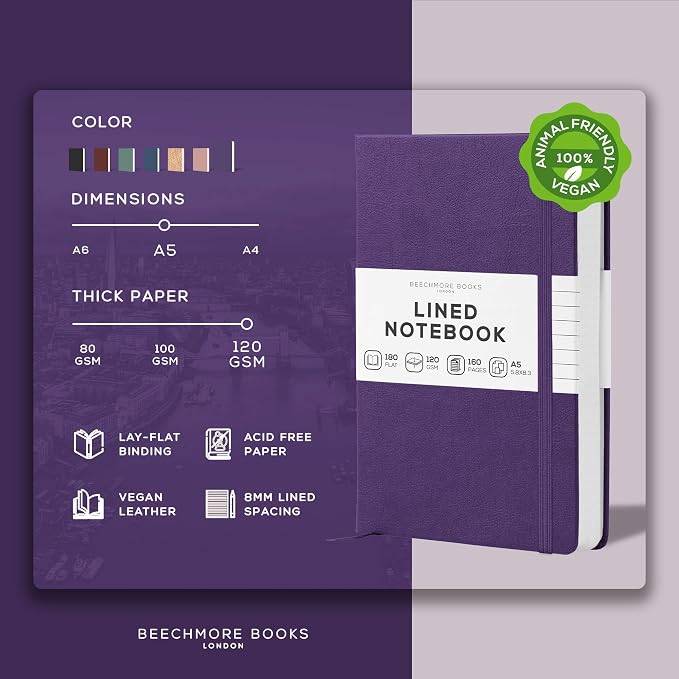 BEECHMORE BOOKS Premium Lined Leather Journal for Men & Women, 5" x 8" (A5) Thick 120gsm Ivory Cream Paper Notebook, Hardcover Vegan Leather Personal Diary, With Gift Box (Royal Plum)