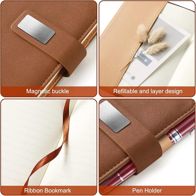 A5 Lined Leather Journal with Pen, 240 Pages Refillable Hardcover Notebook with Pocket and Magnetic Buckle, 80gsm Thick Daily Diary for Men and Women, Great Gift for Business School Travel Personal -