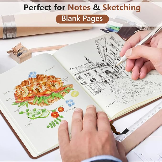 PERCUN Blank Journal Notebook, A5 Hardcover Sketchbook, 140 Pages 5.9"×8.5" | Leather Unlined Notebook for Drawing & Writing, Travel Diary, Art Journal for Men Women, School & Work