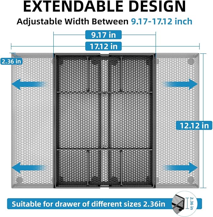 Marbrasse Expandable Desk Drawer Organizer, Mesh Drawer Organizer Tray with 10 Adjustable Compartments, Desk Organizers and Accessories, 5 Dividers Drawer for Office Supplies, Makeup & Vanity (Black)