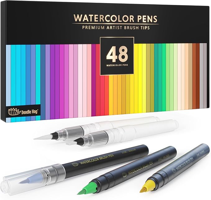 DOODLE HOG 48 Premium Watercolor Pens +2 Highly Blendable Watercolor Markers, Flexible Tip Brush Pens for Drawing and Illustration, Art Supplies for Adults, Gift Box