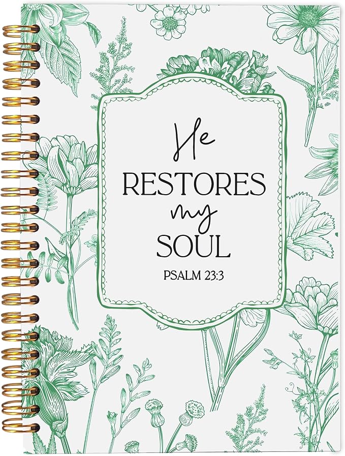 Christian Notebook for Women, Christian Gifts Journal, Prayer Journal for Women, Bible Journaling Notebook, PSALM 23:3 He Restores My Soul Floral Spiral Notebook 5.5x8.3