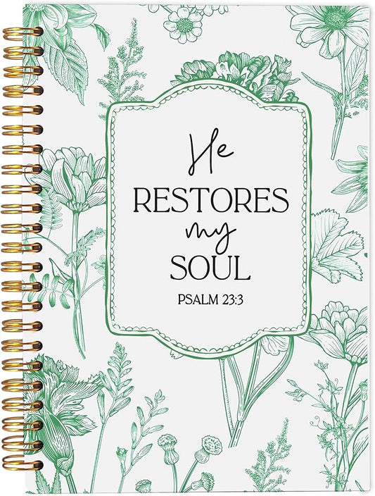Christian Notebook for Women, Christian Gifts Journal, Prayer Journal for Women, Bible Journaling Notebook, PSALM 23:3 He Restores My Soul Floral Spiral Notebook 5.5x8.3