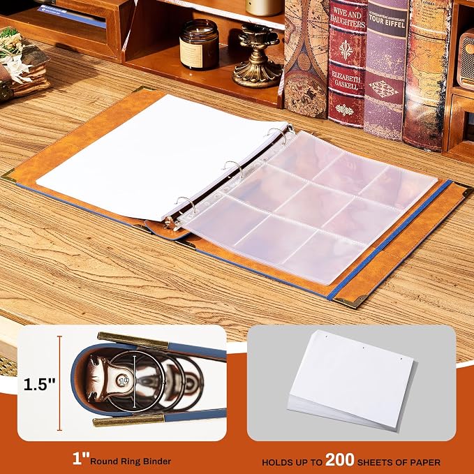 Ovesmusl Leather 3 Ring Binder Fits 8.5"x11" Letter Size Paper, 1 Inch Round Ring Binder Holds 200 Sheets, Notebook Cover Loose Leaf Organizer, Blue Tree