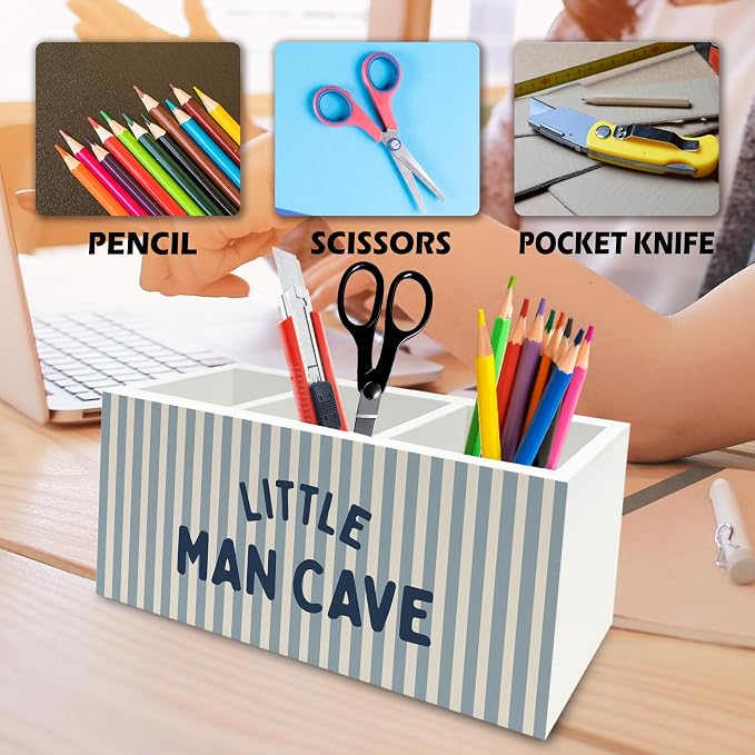 Boy Room Decor Pen Pencil Holder Organizer for Desk, Little Man Cave Retro Blue Striped Wooden Box Signs Decorations for Kids Boys Room Bedroom Playroom Desk Tabletop, Boy Nursery Decor