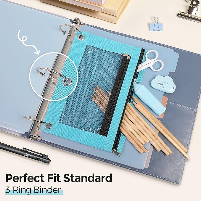 KONVINIT Pencil Pouch for 3 Ring Binder, Zipper Binder Pencil Pouch, Durable Cloth Pencil Case with 2 Pockets, Mesh Window Pencil Case Pouch for School Supplies, Cables, Earbuds, Makeup, Blue