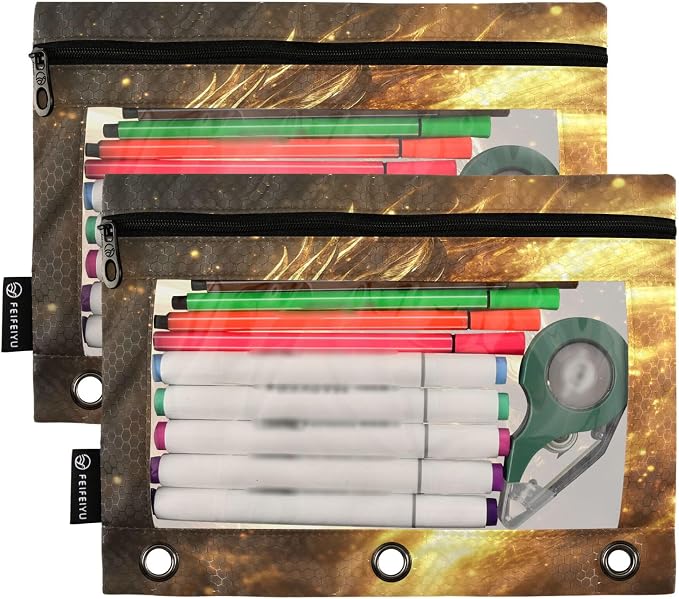 Dragon Golden Light Binder Pouches 3 Ring for Boys Girls School Office College Supplies Dinosaur Monster Dino Pencil Pouches Case Bag with Clear Window and Zipper 2 Pack
