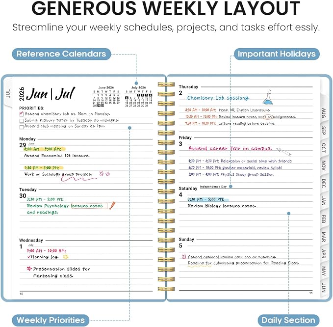 Planner 2026-2027, 6.3" x 8.5" Weekly and Monthly Academic Year Planner Calendar, July 2026 - June 2027, Hardcover Large School Planning Agenda With Tabs, Perfect for School & Office Supplies, A5, Baby Blue