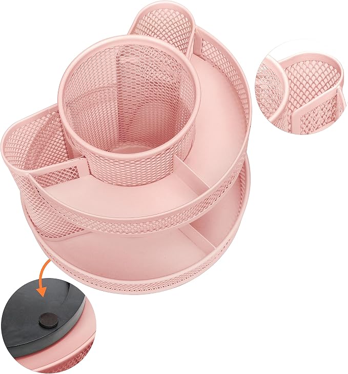 Annova Mesh Desk Organizer Rotate with 5 Compartments Round Spinning Tidy Candy/Pen Holder Desk Accessories Office, Art Supply, Storage, Classroom, Home (Light Pink)