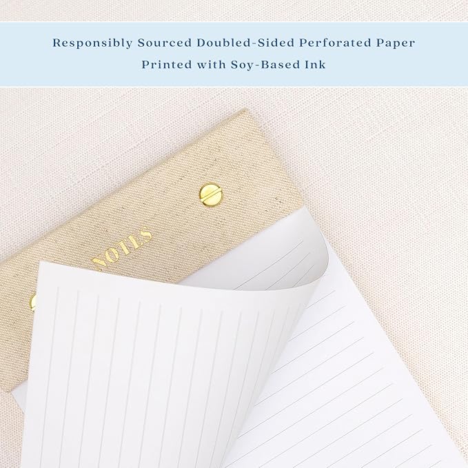 ELYN Lined Notepad, Aesthetic Linen Memo Pad With Matching Gold Gel Pen, 125 Sheets, 8.1 x 5.3 in - 100 GSM Premium Thick Paper, Perforated Pages & Hard Linen Backing, For Work, School or Home (Linen)