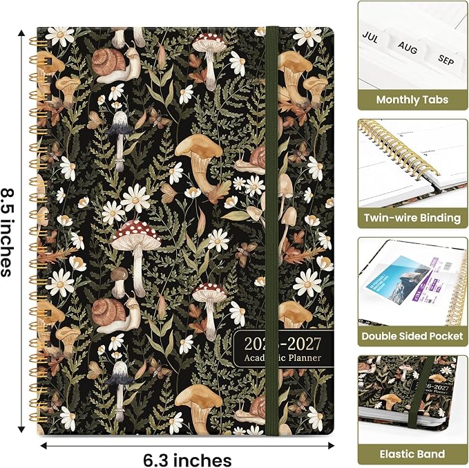 Planner 2026-2027, Academic Monthly and Weekly Calendar Planner for Women, July 2026 - June 2027, Hardcover Pretty Agenda Planner Book with Tabs, Spiral Daily Organizer for School Office Home Supplies, 6.3" x 8.5" - Mushroom