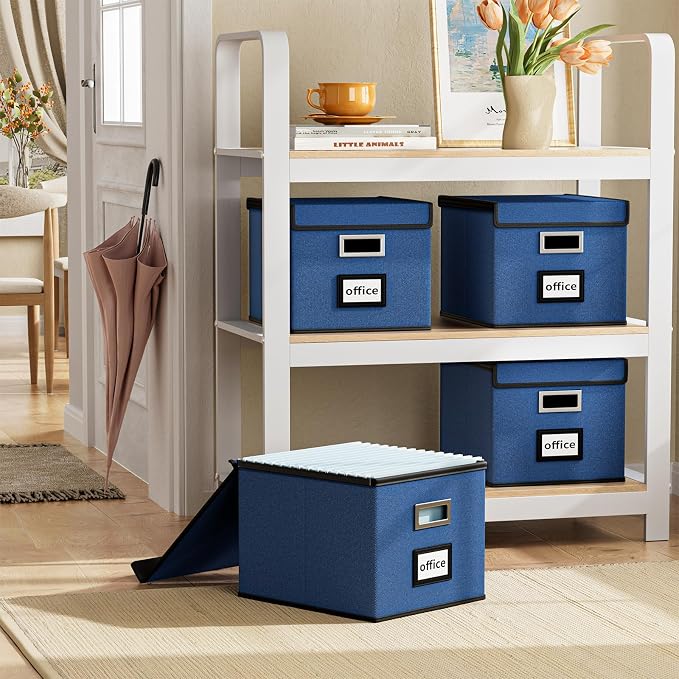 Decorative File Organizer Boxes Office Document Storage with Lids, Portable Collapsible Linen Hanging Filing & Storage Boxes for Office/Decor/Home (Royal Blue) -14.9 x 12.7 x 10.8 inch -4 Pack