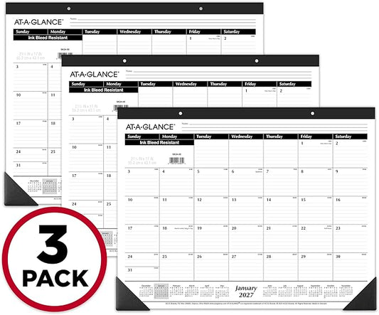 AT-A-GLANCE 2027 Desk Pad Calendar, Monthly Desk Wall Planner, 21.75" x 17", Ruled Blocks, 3 Pack (AZSK240027), White