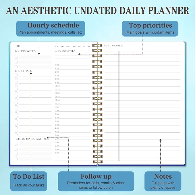 TREES Undated Daily Planner, 80-Day To-Do List with Hourly Schedule | Day-on-a-Page Agenda for Hourly Schedules, Priorities, Tasks and Notes, Designed for Work, Home and Everyday Planning