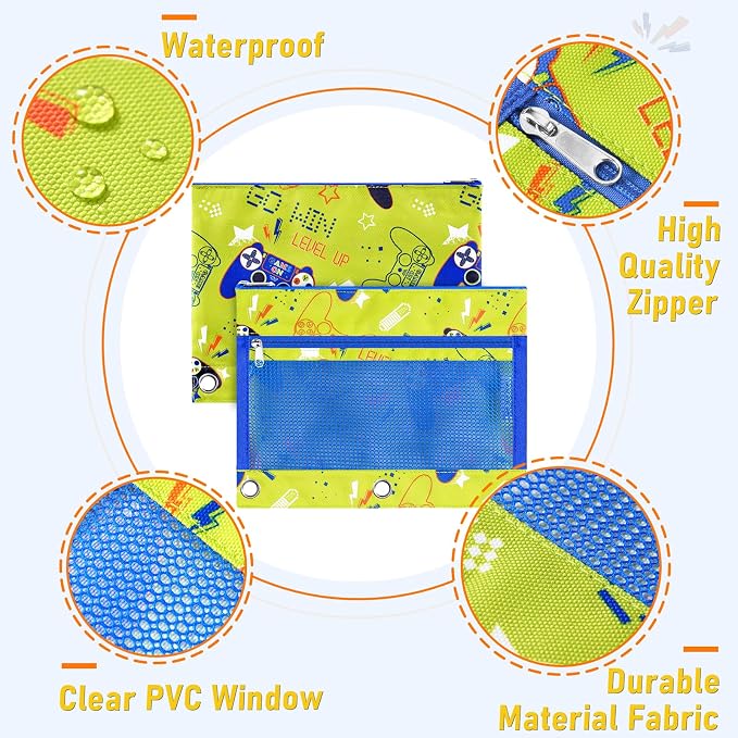 WAWSAM Game Pencil Pouch for 3 Ring Binder, Zipper Pencil Pouch for Boys | 2 Pocket Clear Window Pencil Case, 3 Ring Pencil Pouch for School Supplies, Pencil Bags for Office College