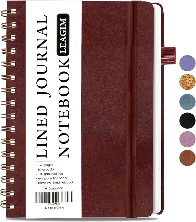 LEAGIM Lined Spiral Journal Notebook for Women & Men, College Ruled Hardcover Notebook for Work & Note Taking, Journals for Writing, 100 GSM, Business, School, 140 Pages, A5(5.8"x8.5") - Burgundy