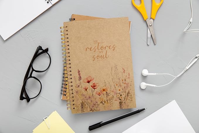 Christian Notebook for Women, Christian Gifts Journal, Prayer Journal for Women, Bible Journaling Notebook, PSALM 23:3 He Restores My Soul Floral Spiral Notebook 5.5x8.3 Kraft Paper