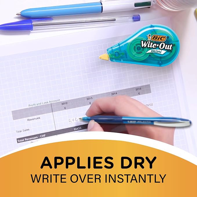 BIC Wite-Out Mini Correction Tape, White, No Dry Time, Long Lasting, 12-Count (Tape Body Colors May Vary)