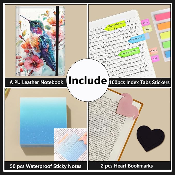 A5 Leather Lined Journal Notebook, 200 Pages Hardcover Executive Notebook for Men Women Office School Note Taking, Thick Writing Paper Daily Journal with Bookmarks/Indexes, Watercolor Hummingbird