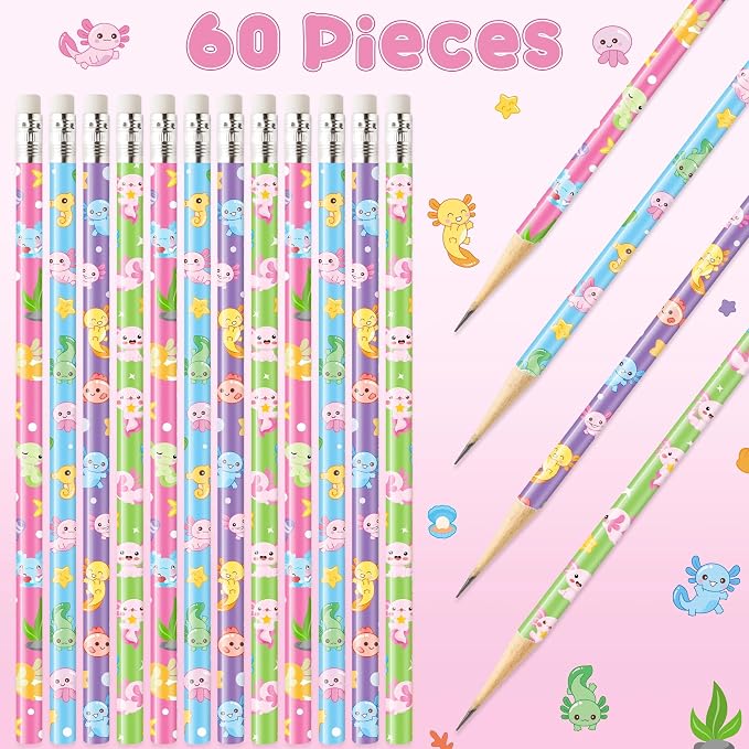 Xqumoi 60Pcs Cute Axolotl Pencils with Erasers - 4 Designs #2 HB Pencils in Bulk Axolotl Stationery for Studet Classroom Rewards Goodie Bag Fillers Stuffers, Birthday Party Favors School Supplies