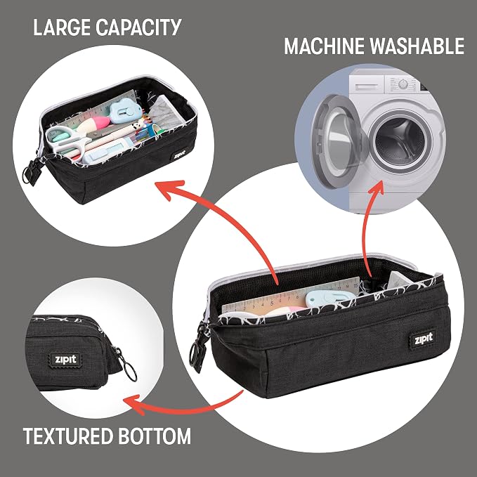 ZIPIT: Lenny Pencil Case - Black & White - Large Storage Capacity Zipper Pouch, Makeup & Stationery Bag, School, Washable Polyester, Kids-Teens-Adults