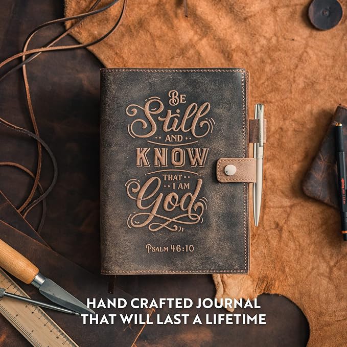 moonster Refillable Psalm 46:10 Bible Verse Embossed Journals with Pen – Milled A5 Leather Journal Lined Paper - Journals for Women Notebook with Pen Holder - 320 Pages