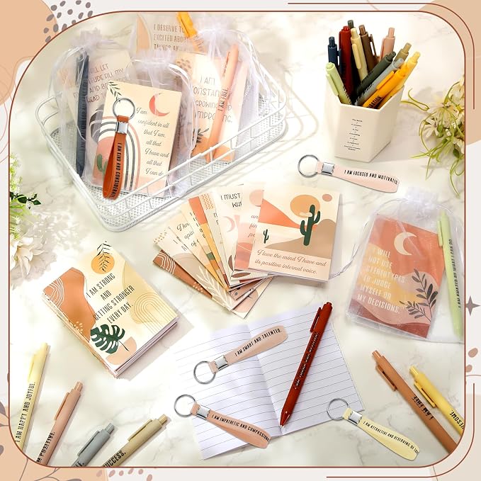 Mooliwe 48 Set Positive Affirmation Gift Set Gratitude Notebooks with Pens Keychains Small Bags Motivational Party Favors for Adult Women Coworkers Employee Group (Boho)