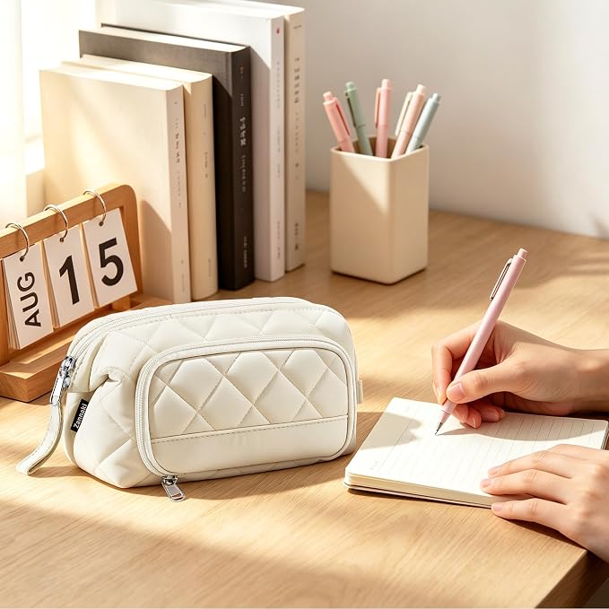 Zannaki Soft Quilted Large Pencil Pouch Organizer with Wide Opening for Boys Girls Teens - Extra Big Capacity Pen Pencil Bag with Zipper, Portable Pencil Case Box for School, College, Cosmetic Gift