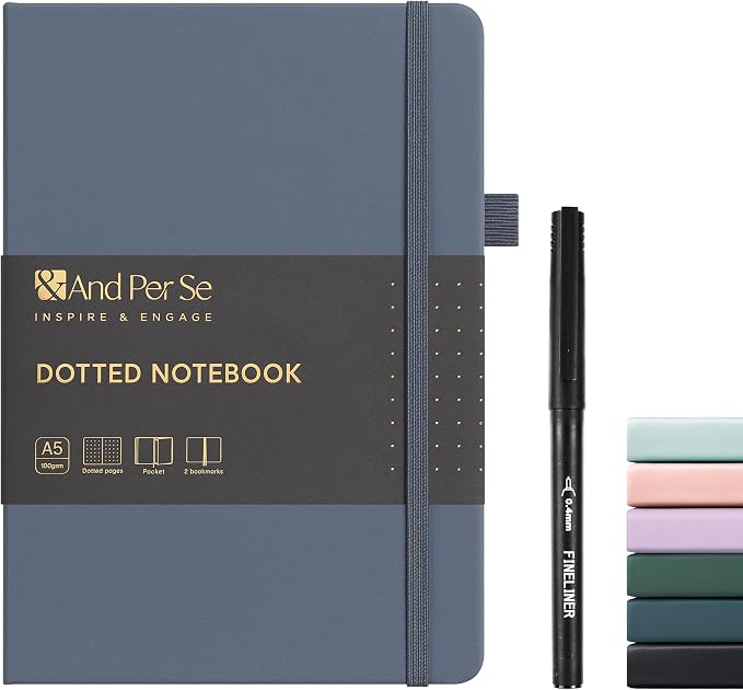 &And Per Se Dotted Journal and Pen Set, A5 Leather Hardcover Dotted Notebook, 160 Pages 100GSM Thick Paper Dot Grid Journal with Fineliner Pen (Dark Blue)