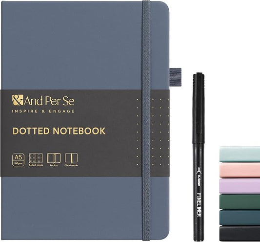 &And Per Se Dotted Journal and Pen Set, A5 Leather Hardcover Dotted Notebook, 160 Pages 100GSM Thick Paper Dot Grid Journal with Fineliner Pen (Dark Blue)