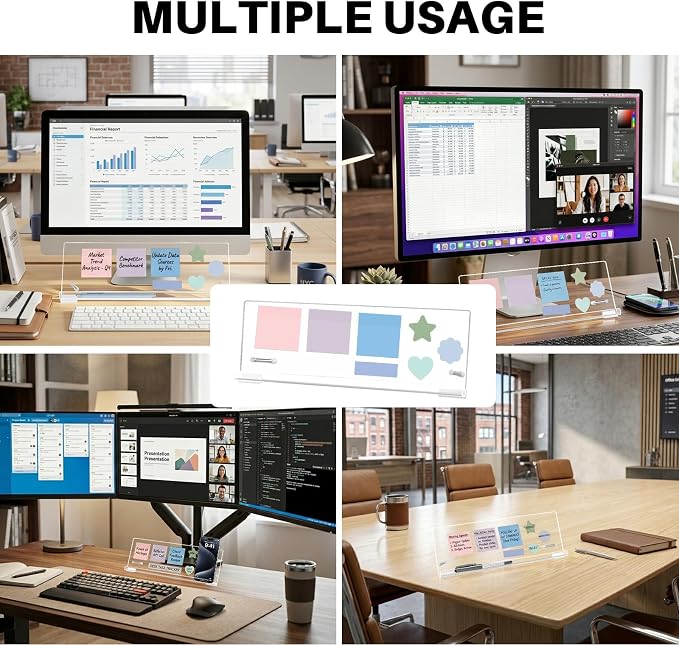 Monitor Memo Board Holder 14"x5", Computer Sticky Note Holder with Phone Stand, Space-Saving Office Organization, Movable & Reusable Screen Saver for Office & Home Desktop Decor