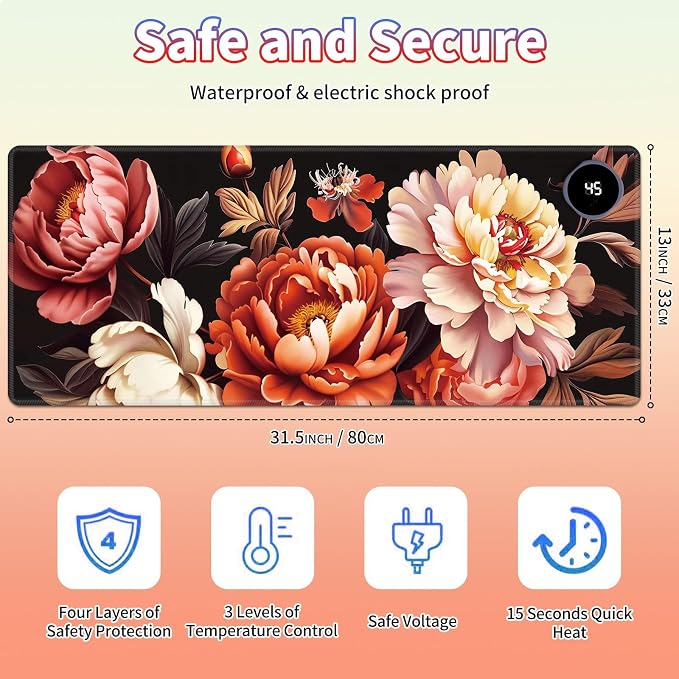 Heated Desk Pad Large Mouse Pad 31.5 x 13 inch with 3 Levels Heating & Auto Shut-Off Warm Mouse pad PU Leather Computer Mousepad for Home Office Work - Pink and Red Flower