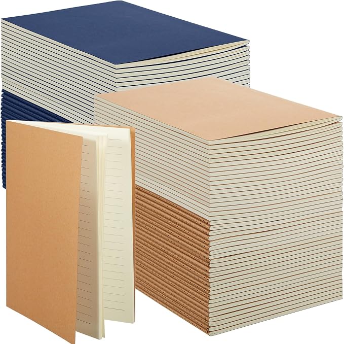 Mimorou 100 Pcs Journals Notebooks Bulk - Kraft Softcover A5 Small Notebooks 5.5 Inch x 8.3 Inch Notepads with 60 Page 30 Sheet for Writing Sketch Travel Office Supplies(Brown, Navy,Lined)