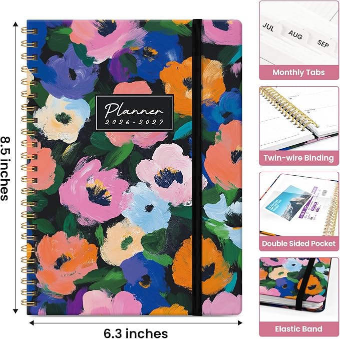 Planner 2026-2027, Academic Year Monthly and Weekly Calendar Planner, Jul 2026 - Jun 2027, Hardcover Teacher Student Planning Agenda book with Tabs, Perfect for School Office Supplies, 6.3" x 8.5" - Vivid Garden