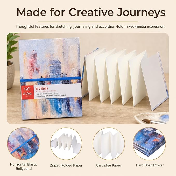HQ Finestroke Panorama Mixed Media Journal, Zig Zag Fold Sketchbook, 6 x 8 Inches, Accordion Art Book, Canvas Cover, Pack of 3