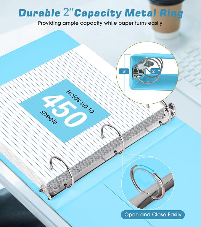 3 Ring Binder 2 inch，Cute Binder Organizer with 5 Tab Dividers Fits 175 Sheets of 8.5x11 Paper, Customizable Clear Cover with Inside Pockets, Aesthetic 2" Three Ring Binders for School Office，Blue