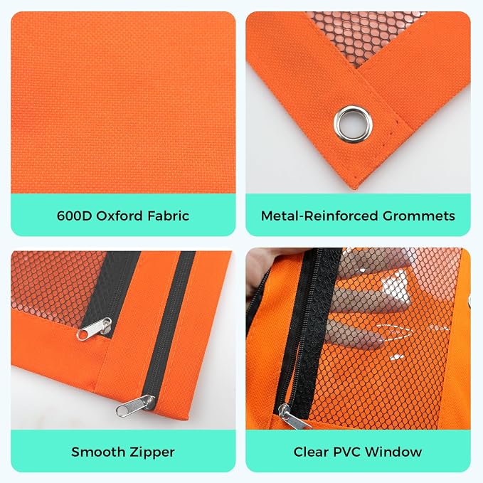 Pencil Pouch for 3 Ring Binder, Pencil Case with Zipper, 600D Fabric Pencil Pouch Bag Holder Accessories, Clear Window Pencil Case Aesthetic Back to School Organizer Pockets for Boy Girl (Orange)